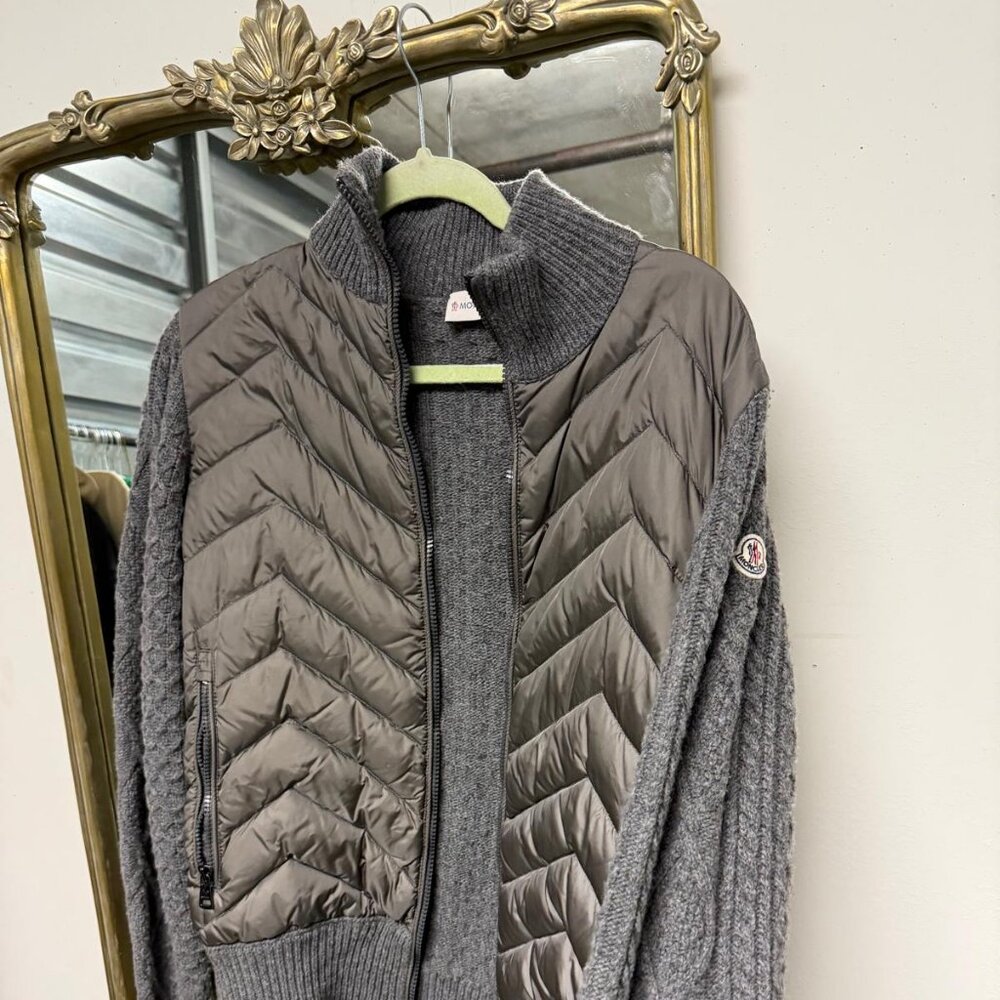 Moncler Grey Wool Cable Knit Down Puffer Zip Cardigan Jacket